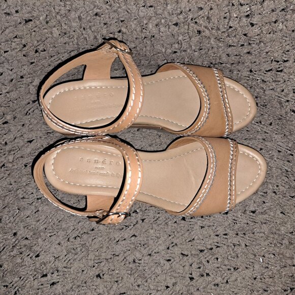 SANDRO-Audrey-Tan Leather-Contrast Stitch-Ankle Strap-Wood Heel-Sz 37/6.5-NM - Picture 6 of 9